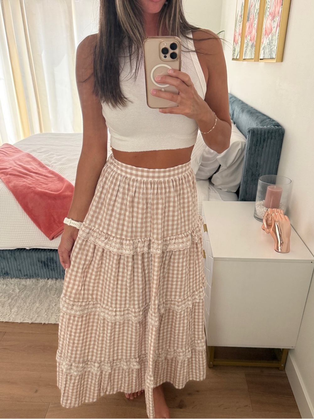 Altar'd State Beige Gingham Tiered Maxi Skirt